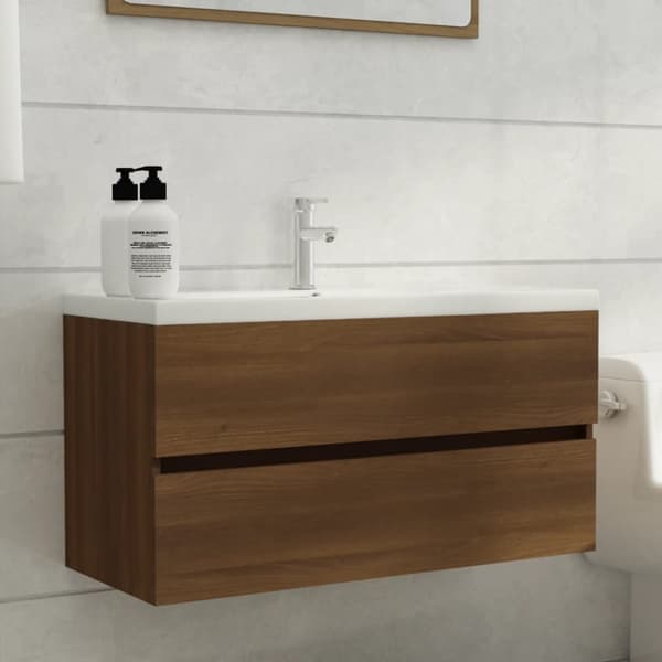 badeværelsesskab 90x38,5x45 cm konstrueret træ brun egetræ