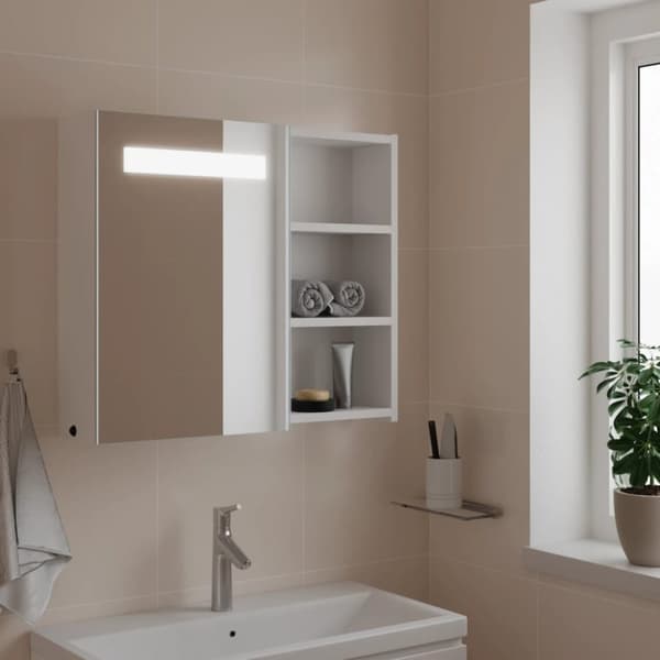 badeværelsesskab med spejl og LED-lys 60x13x52 hvid