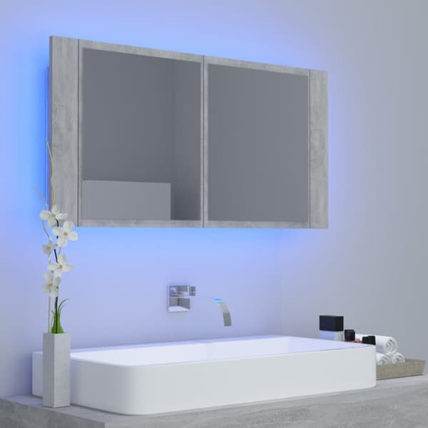 Spegelskåp med LED betonggrå 90x12x45 cm akryl