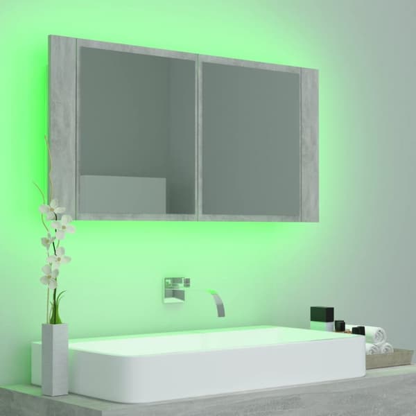 Spegelskåp med LED betonggrå 90x12x45 cm akryl
