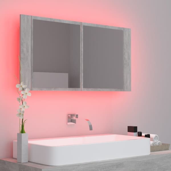 Spegelskåp med LED betonggrå 90x12x45 cm akryl