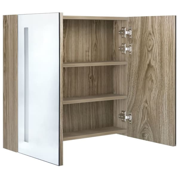 badeværelsesskab med spejl + LED-lys 62x14x60 cm egetræsfarvet