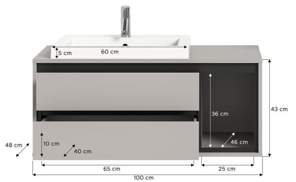 Jaru vaskeskab 100cm 2 skuffer, 1 hylde grå,sort.