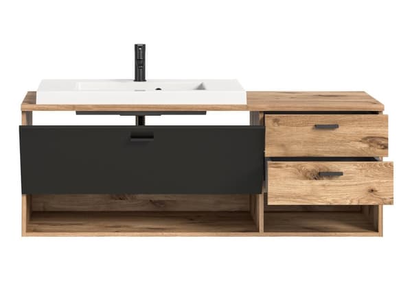 Grado tvättskåp 140cm 3 lådor, 2 hyllor ek dekor,matt grå.