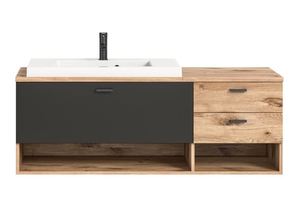 Grado tvättskåp 140cm 3 lådor, 2 hyllor ek dekor,matt grå.