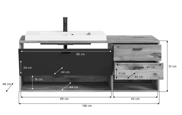 Grado vaskeskap 140cm 3 skuffr, 2 hyller eik dekor,matt grå.