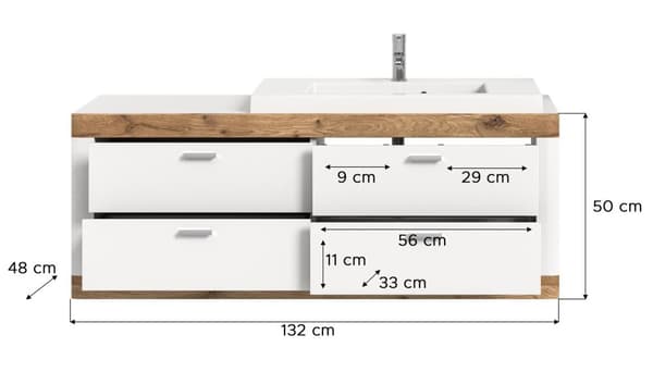 Laredo vaskeskap 132cm 4 skuffr matt hvit,eik dekor,hvit.