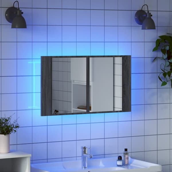 skab med spejl og LED-lys 80x12x45 cm akryl grå sonoma-eg