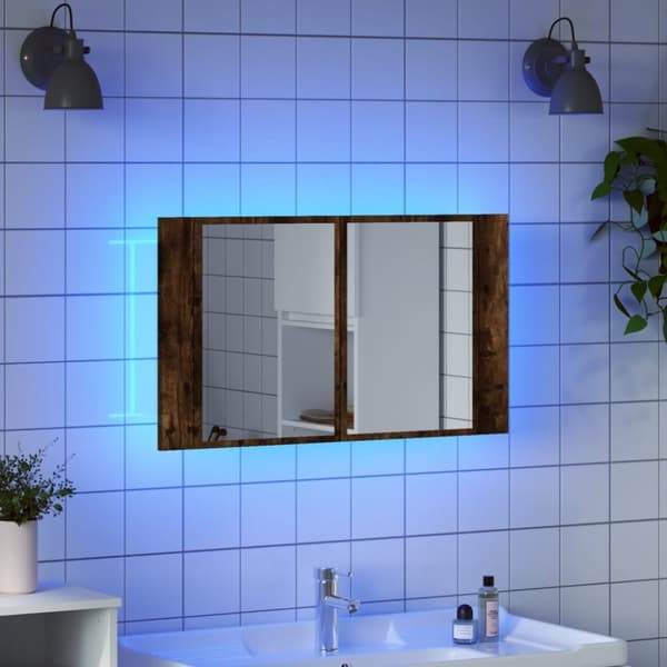Spegelskåp med LED rökfärgad ek 80x12x45 cm akryl