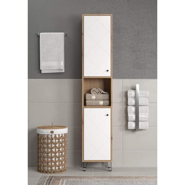 Touch høyskap til badet vegghengt eik dekor, hvit matt.