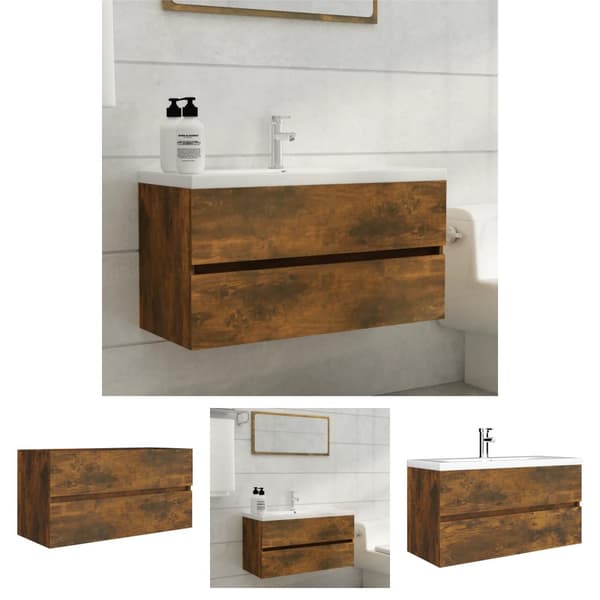 The Living Store badeværelsesskab 90x38,5x45 cm konstrueret træ røget egetræ - Møbelsæt til badeværelse