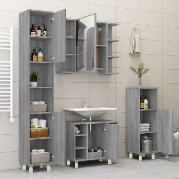 The Living Store badeværelsesskab 30x30x95 cm konstrueret træ grå sonoma-eg - Møbelsæt til badeværelse