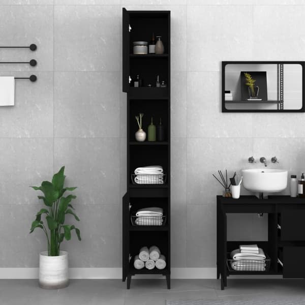 The Living Store badeværelsesskab 30x30x190 cm konstrueret træ sort -  Møbelsæt til badeværelse