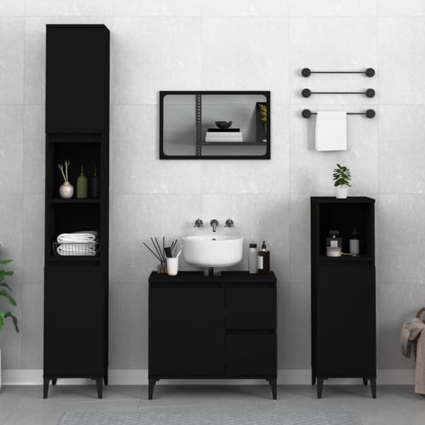 The Living Store badeværelsesskab 30x30x190 cm konstrueret træ sort -  Møbelsæt til badeværelse