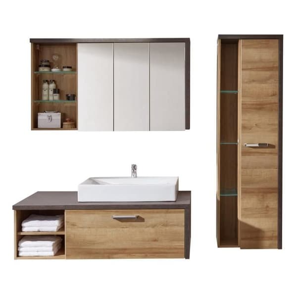 Ensemble möbler badrum tvättställ + kolonn + spegelskåp - L186 x P53 x H198 cm - BAY