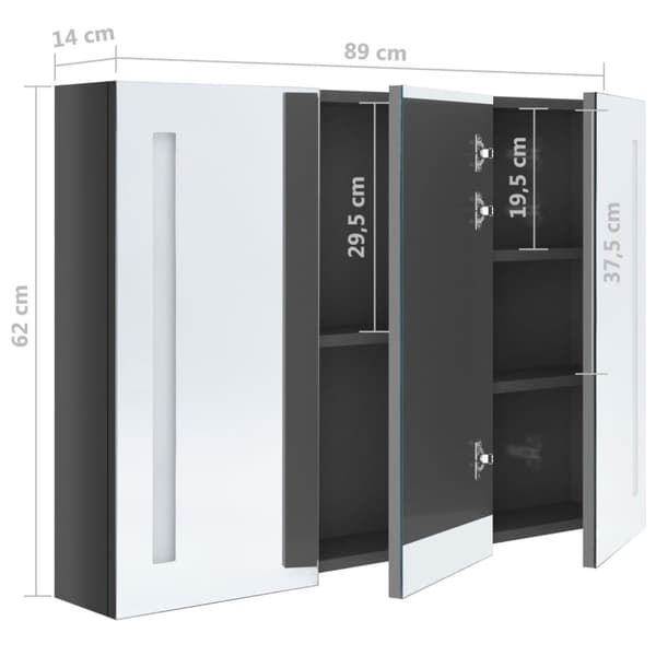 badeværelsesskab med spejl + LED-lys 89x14x62 cm skinnende grå