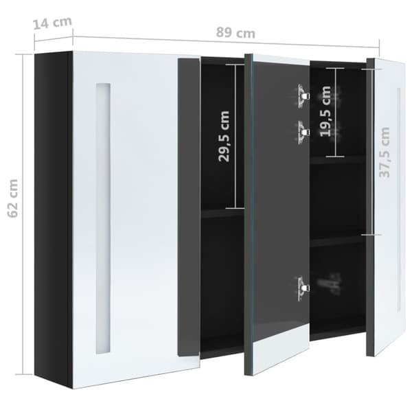badeværelsesskab med spejl + LED-lys 89x14x62 cm skinnende sort