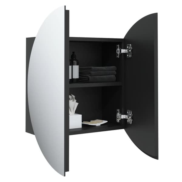badeværelsesskab med rundt spejl og LED-lys 47x47x17,5 cm sort