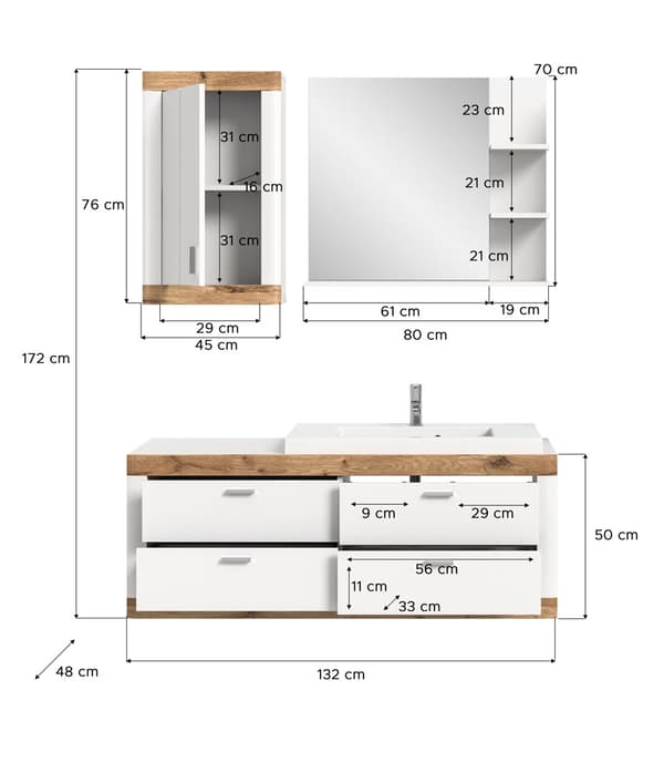 Laredo baderomsinnredning 132cm hvit,matt hvit,eik dekor.