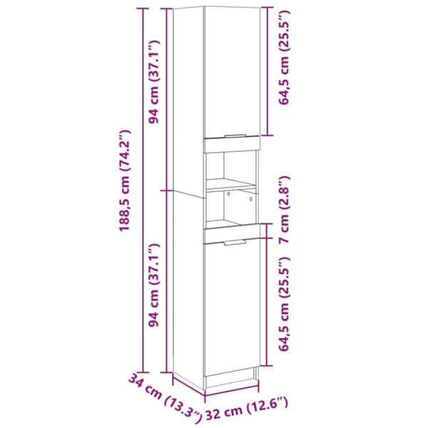 vidaXL Baderomsskap sonoma eik 32x34x188,5 cm konstruert tre
