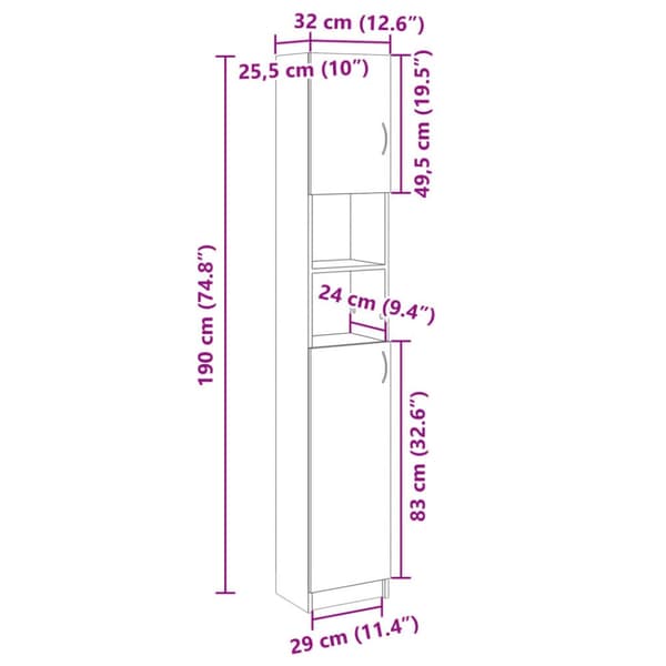 Kylpyhuonekaappi sonoma tammi 32x25,5x190 cm lastulevy