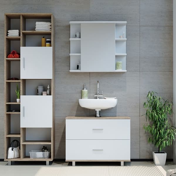 Set badrumsmöbler Ilias, 3 delar, med 80 cm lågt skåp, Vit/Sonoma, Sonoma, Vicco