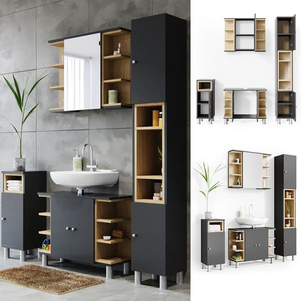 Badmöbelset Aquis, 4 delar, Antracit, Ek, Vicco