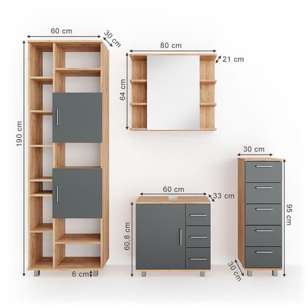 Badrumsmöbelset Ilias, 4 delar, Ek, Antracit, Vicco