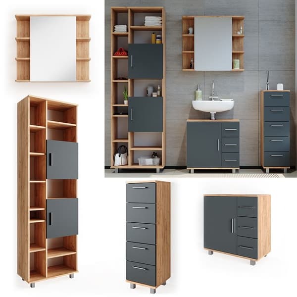 Badrumsmöbelset Ilias, 4 delar, Ek, Antracit, Vicco