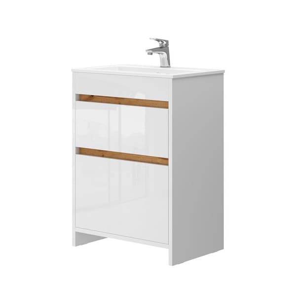 Ensemble möbler bad Detmold, 2 delar, låg skåp 60 cm, Blank vit/Gold ek, Gold styrka ek, Vicco