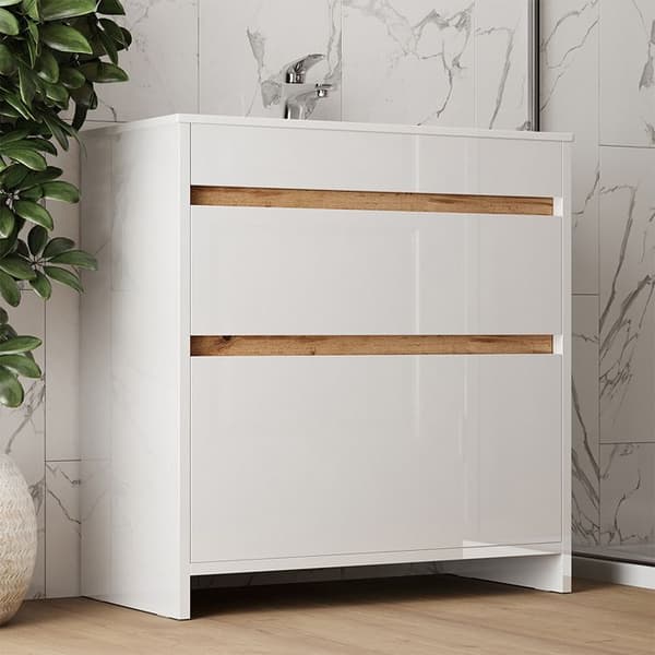 Möbelset bad Detmold, 2 delar, lågt skåp 80 cm, Blankvit/Gyllene ek, Gyllene styrkeek, Vicco