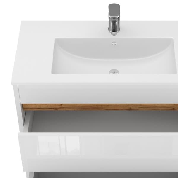 Möbelset bad Detmold, 2 delar, lågt skåp 80 cm, Blankvit/Gyllene ek, Gyllene styrkeek, Vicco