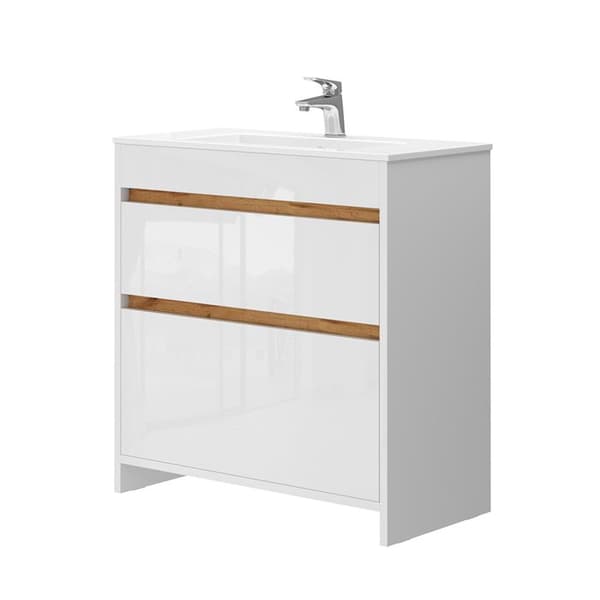 Möbelset bad Detmold, 2 delar, lågt skåp 80 cm, Blankvit/Gyllene ek, Gyllene styrkeek, Vicco