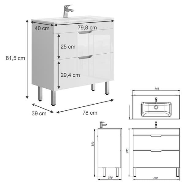 Ensemble möbler bad Clayton, 2 delar, låg skåp 80 cm, Vit, Vicco