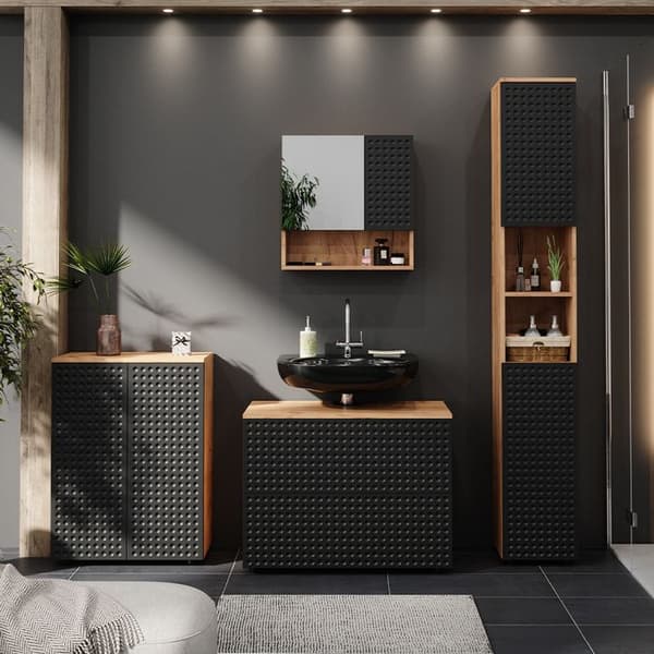 Ensemble meubles de bain Irma, 4 pièces, avec armoire à tiroirs et armoire intermédiaire, Anthracite à pois, Chêne doré, Vicco