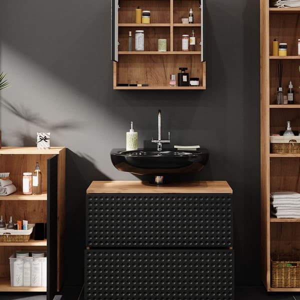 Ensemble meubles de bain Irma, 4 pièces, avec armoire à tiroirs et armoire intermédiaire, Anthracite à pois, Chêne doré, Vicco