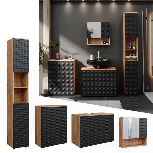 Ensemble meubles de bain Irma, 4 pièces, avec armoire à tiroirs et armoire intermédiaire, Anthracite à pois, Chêne doré, Vicco