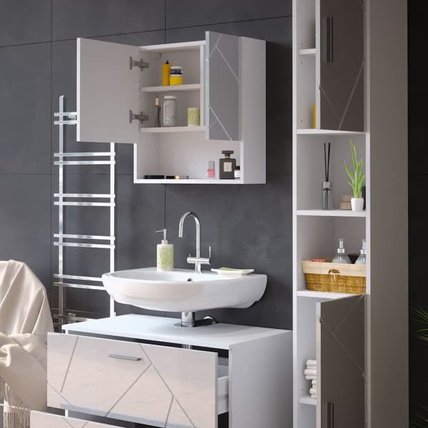 Ensemble meubles bain Irma, 3 delar, med lådhörn och hög skåp, Vit högblanka, Vit, Vicco
