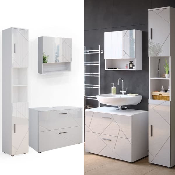 Ensemble meubles bain Irma, 3 delar, med lådhörn och hög skåp, Vit högblanka, Vit, Vicco