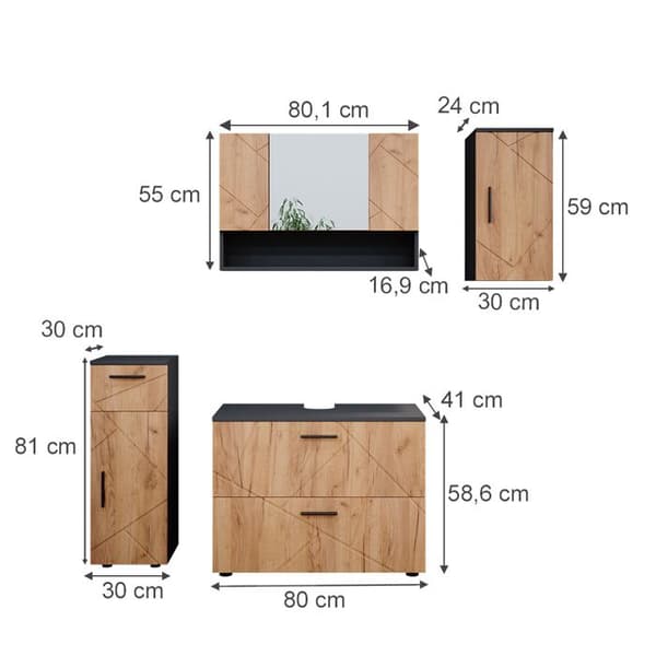 Badmöbelset Irma, 4 delar, Guld/eik/antracit, Antracit, Vicco