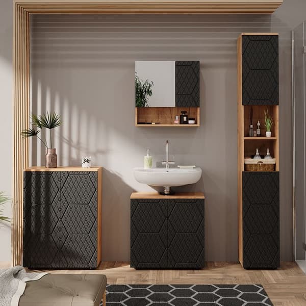 Ensemble meubles bain Irma, 4 delar, med hög skåp och byrå, Randig antracit, Guld ek, Vicco