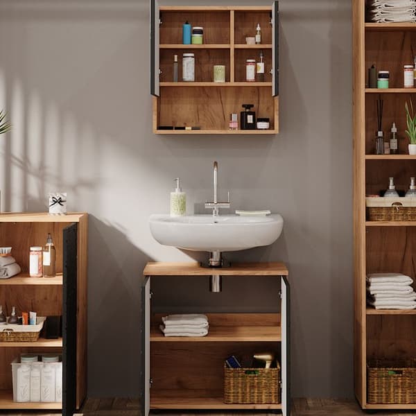 Ensemble meubles bain Irma, 4 delar, med hög skåp och byrå, Randig antracit, Guld ek, Vicco