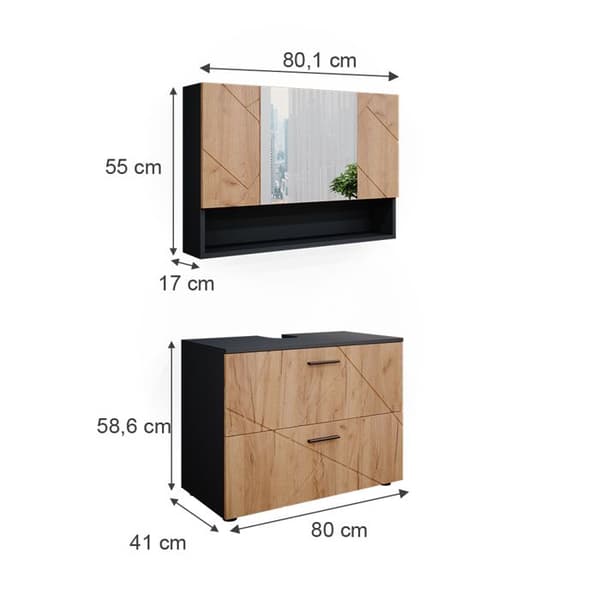 Ensemble möbler bad Irma, 2 delar, lågskåp 80 cm, Guld ek/kol, Kol, Vicco