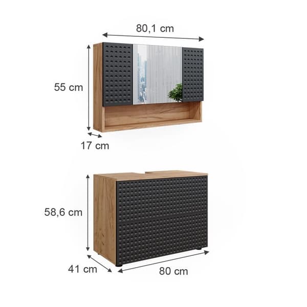 Badrumsinredning Irma, 2 delar, låg möbel 80 cm, grafit med prickar, gyllene ek, Vicco