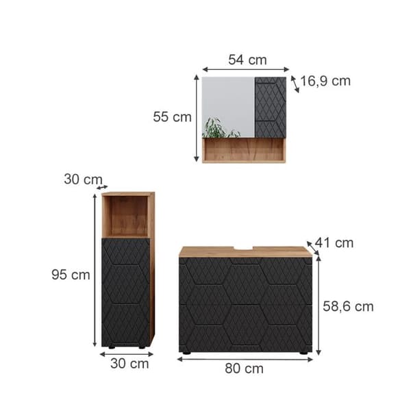 Ensemble de meubles de salle de bain Irma, 3 pièces, avec armoire centrale, Anthracite rayé, Chêne doré, Vicco