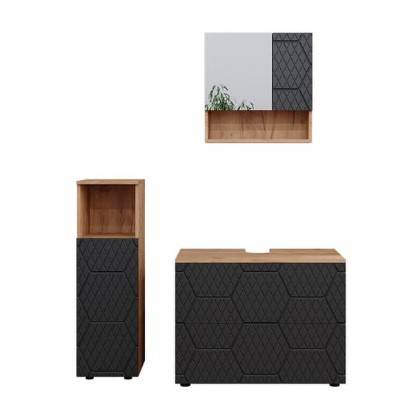Ensemble de meubles de salle de bain Irma, 3 pièces, avec armoire centrale, Anthracite rayé, Chêne doré, Vicco