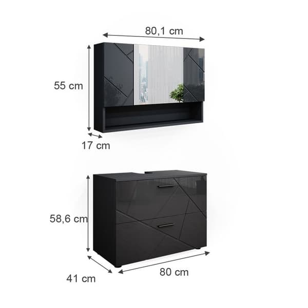 Ensemble möbler bad Irma, 2 delar, låg skåp 80 cm, antracit hög glans, antracit, Vicco