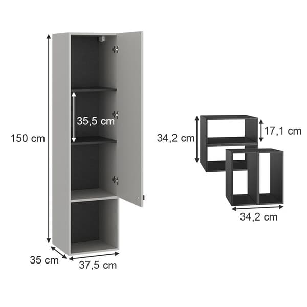 Vicco Gerta badrumsförvaring, Grå, 37,5 x 150 cm med dörr och öppna fack