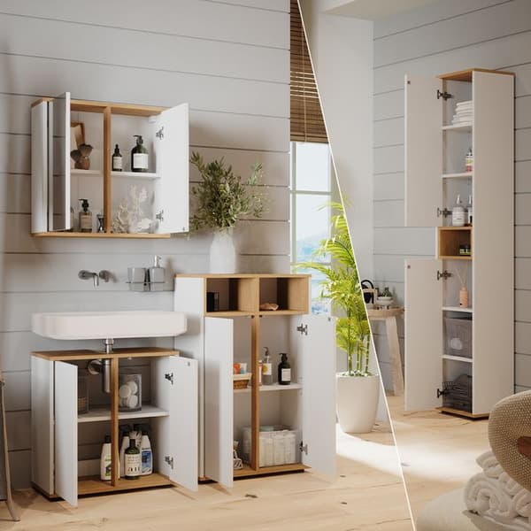 Ensemble möbler bad Didi, 4 delar, med högskåp och centralskåp med dörrar, Vit/Artisan, Artisan Ek, Vicco