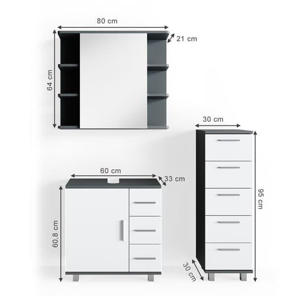 Badrumsinredningsset Ilias, 3 delar, Antracit, Vit, Vicco